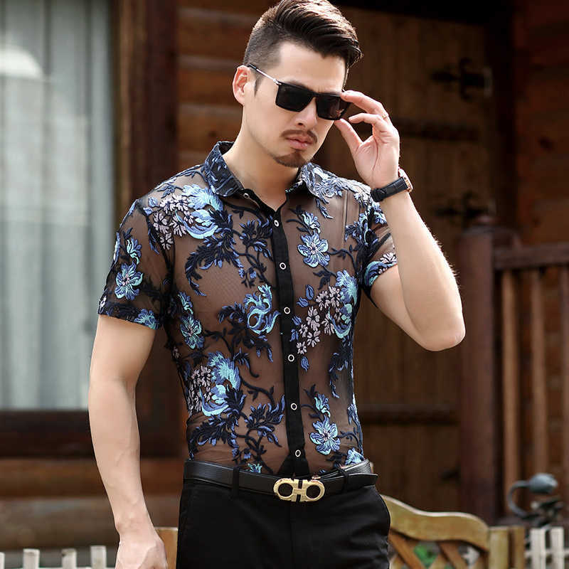 Floral Lace Shirt Men Embroidery Transparent Mens short sleeve Dress Shirts See Trough Sexy Club Party Prom Social Shirt 210527