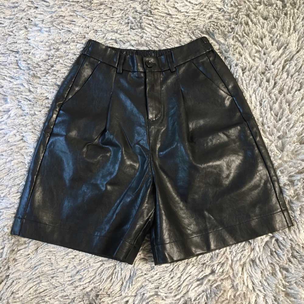 Flectit Chic Womens Leather Bermuda Shorts With Pocket Wide Leg High Waist Tailored Suit Shorts Fall Winter Plus Size S- 4XL * 210611