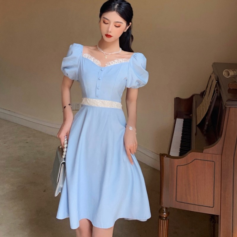 Puff Sleeve High Waist Retro Dress Women's Square Collar A-line Midi Korean Style Summer Elegant Female Clothes 210519