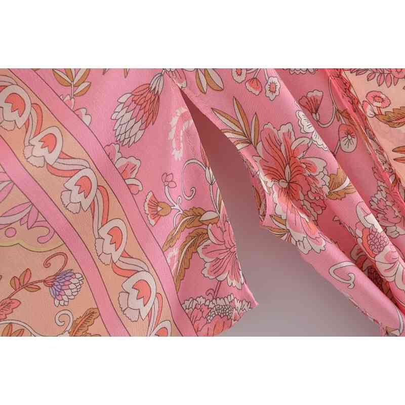 BOHO Locate Floral Print Long Kimono Shirt Hippie Women Lacing up Tie Bow Sashes Cardigan Loose Blouse Tops Holiday 210429