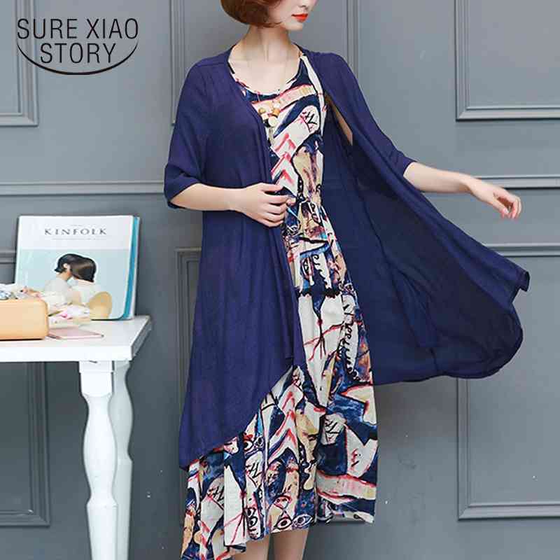 Plus Size Vestidos De Festa M-5XL Summer Dress Casual Loose Tow Piece Cotton Line Dress Print O-neck Women Dress 3698 50 210519