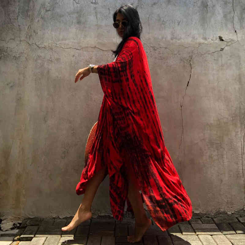 Red Striped Bikini Cover-ups Plus Size Long Kimono Sexy Belted Summer Wrap Dress Women Beach Wear Swim Suit Cover Up A859 210420