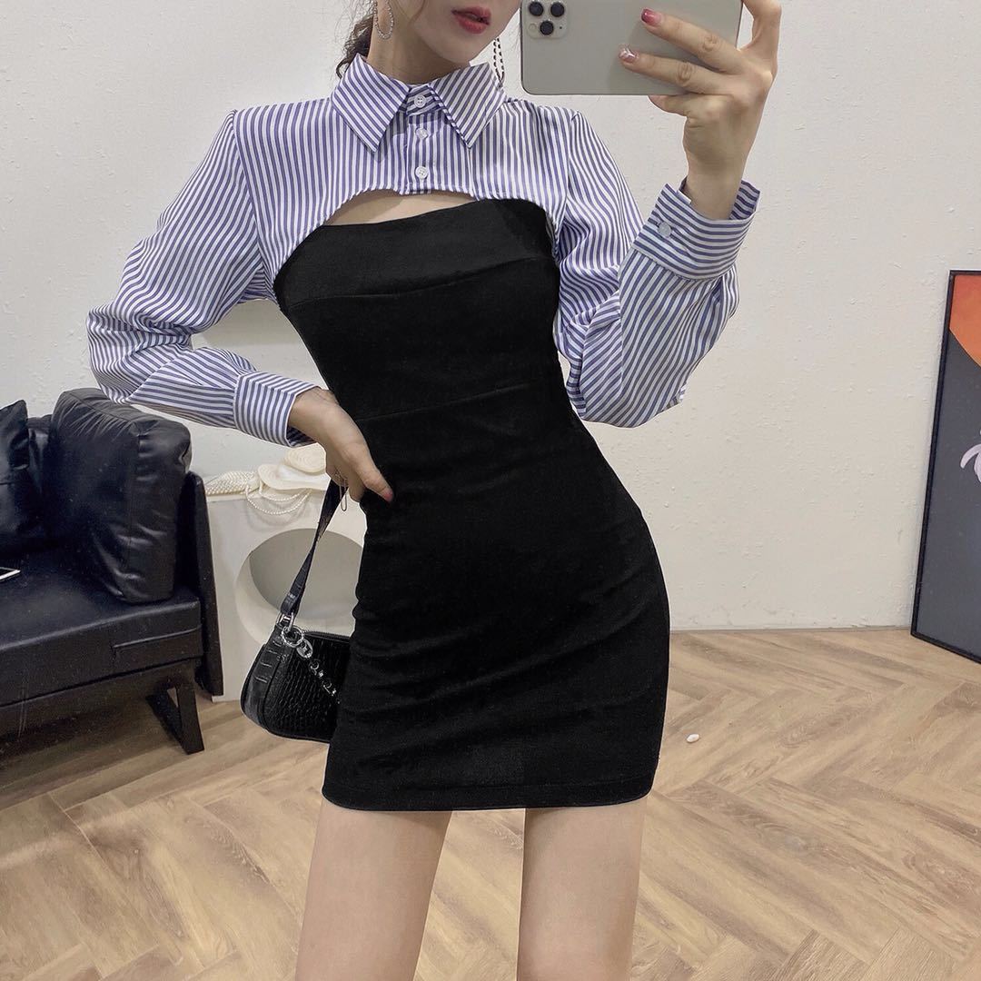 Gothic Y2k Dress Women Casual Stripe Party Mini Dress Female Elegant Long Sleeve High Street Dress Korean Autumn 210521
