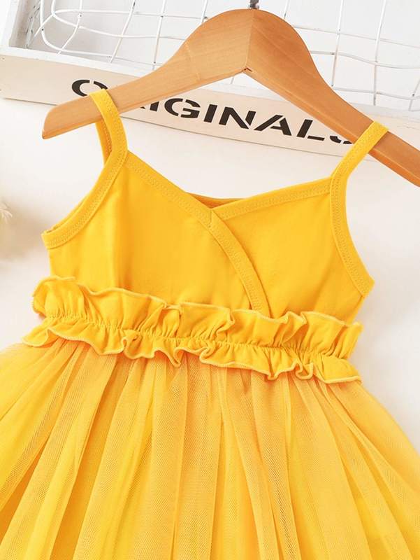 Toddler Girls Overlap Collar Ruffle Trim Contrast Mesh Cami Dress SHE