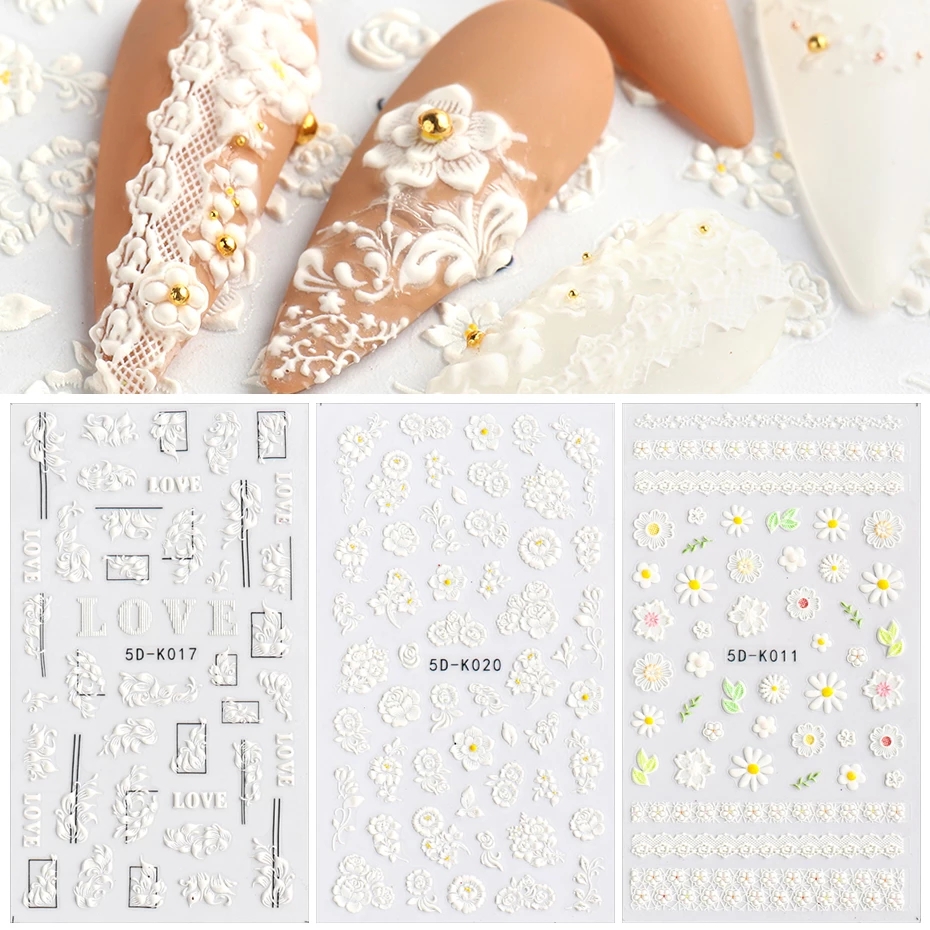 1Sheet White Embossed Flower Lace nail Sticker 5D Floral Wedding Nails Art Design Butterfly Manicure Decals, 6 styles for choose
1Sheet White Embossed Flower Lace nail Sticker 5D Floral Wedding Nails Art Design Butterfly Manicure Decals, 6 styles for choose
