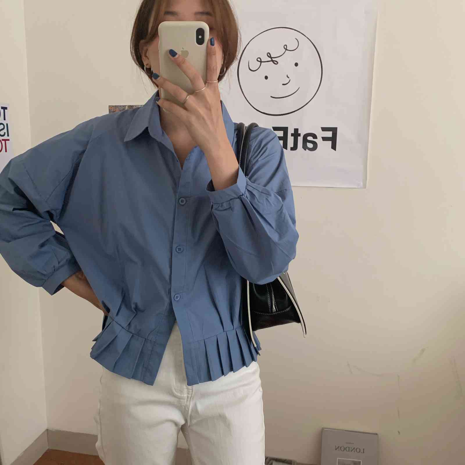 Blue Solid All Match Streetwear Clothe Fashion High Waist Casual OL Girls Tops Oversize Chic Loose Femme Shirts 210421