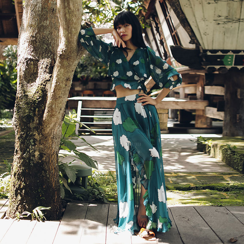 Chiffon Sexy 2 Pieces Printed Beach Dress Boho Long Summer Vintage Tunic Women Wear Swim Suit Cover Up Sheer A872 210420