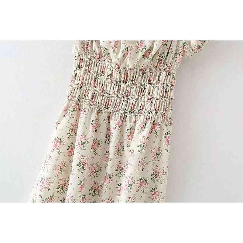 France Style Yellow Floral Print Elastic Waist Women Dresses Vintage Fashion Cap Sleeve Short 210429