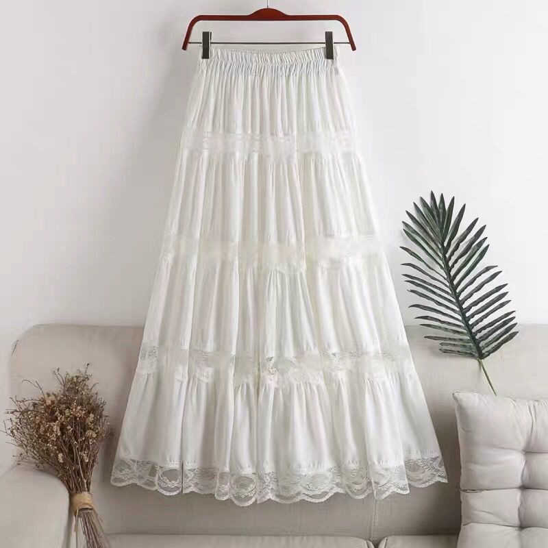 Sweet kawaii Chiffon Lace Stitching A-line pleated skirt Women's High Waist Midi Skirts Black Purple Elegant Party Long Skirt 210619