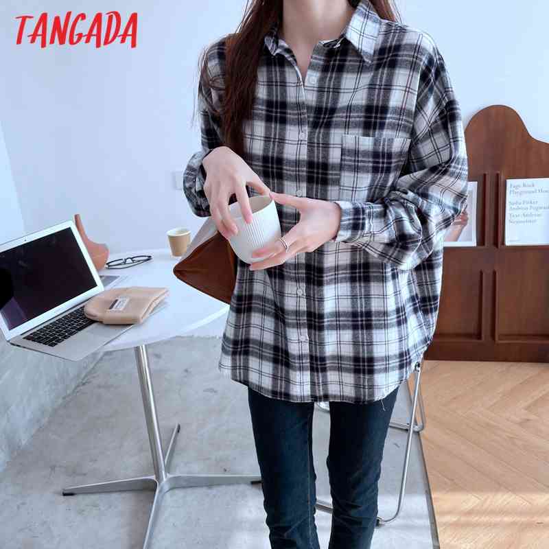 Women Blue Plaid Pattern Oversized Turn Down Collar Pocket Chic Female Casual Loose Shirt BA3 210416