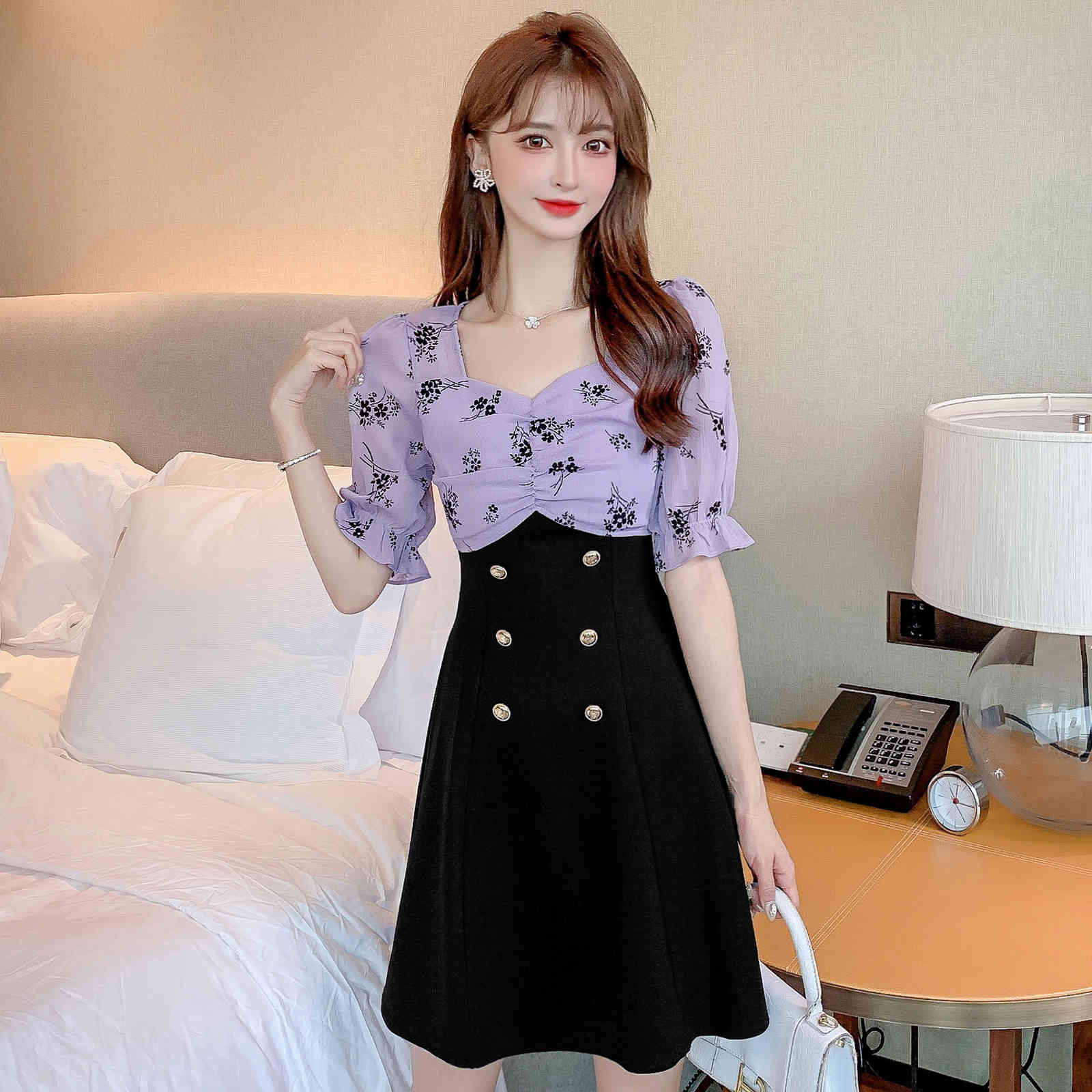 Women Girls Black Chiffon Spliced V-Neck Flocking Print Slim Puff Sleeve Double-Breasted Dress Slim Mini Small Black Skirt 210515