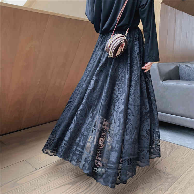 Elastic High Waist Lace Skirts Womens Spring Autumn Korean Elegant Casual A-Line Black Long Mujer Faldas Female 210520