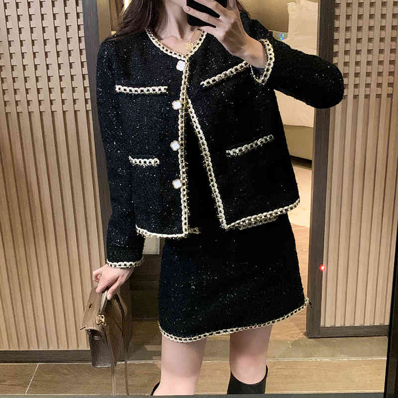 Autumn Women's Two-Piece Sets Elegant Fashion Tweed Single Breasted Jacket Coat + High Waist Mini Skirt Suit Ladies 210519