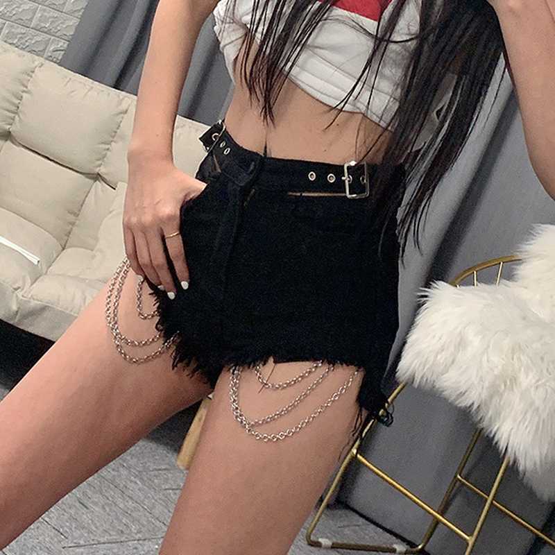 Sexy Fashion Washed Distressed Denim Shorts Women Summer Chain Decoration Short Pants Elegant All-match Jeans Female 210525