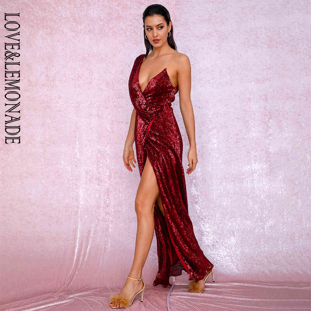 LOVE&LEMONADE Sexy Deep Red Deep V-Neck Whit Split Sequins Party Maxi Dress LM81849 210331