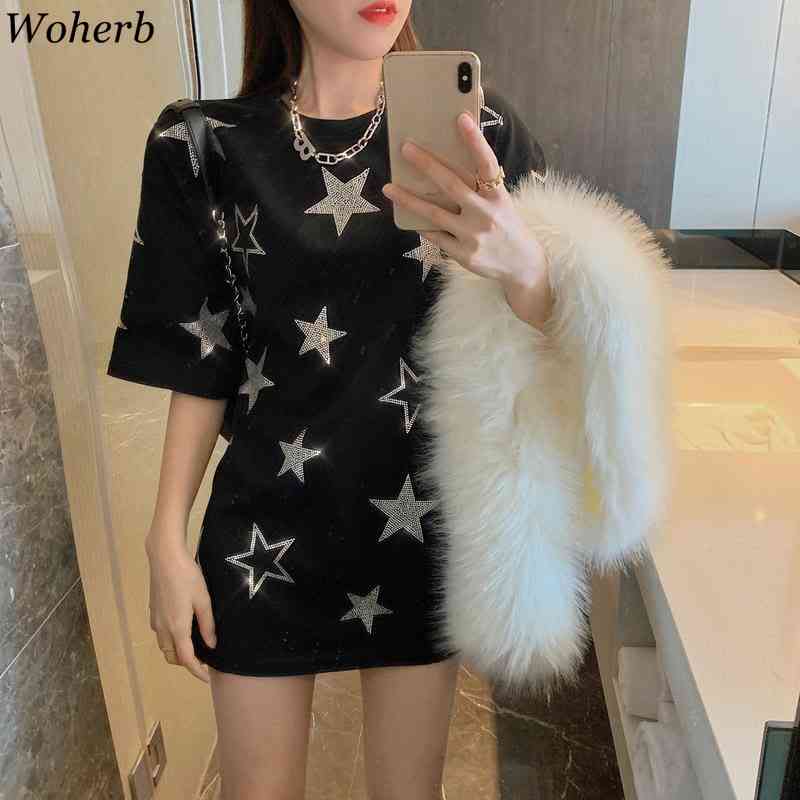 Woheb Casual Loose Long T-shirt Women Star Sequined Patch Summer Black White Short Sleeve T Shirts Harajuku Korean Tops 210519