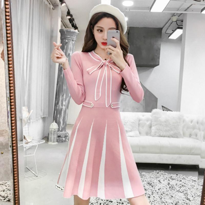 Runway Women Autumn Sweater Dresses Bow Knot Tie Up Long Sleeve Pullovers Knitted Dress Casual