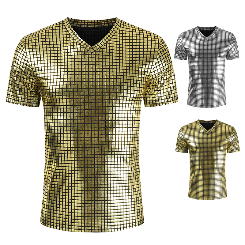 Men's short sleeve T-shirt V-neck reflective 2-color golden and silvercasual youth summer top, Gold
Men's short sleeve T-shirt V-neck reflective 2-color golden and silvercasual youth summer top, Gold