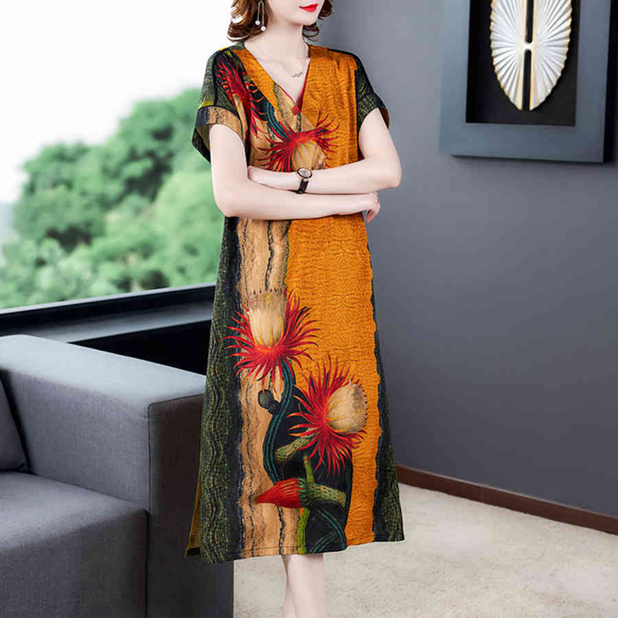 Summer High Quality Mulberry Silk Dress Fashion Vintage Print 4XL Plus Size Runway Midi Dress Elegant Women Bodycon Vestido 210331