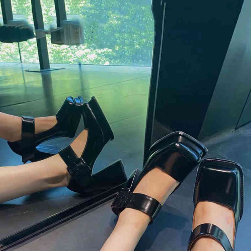 Rimocy Fashion Square Toe Mary Jane Platform Shoes Women Black Ankle Strap High Heels Pumps Woman Patent Leather Chunky Shoes 210408