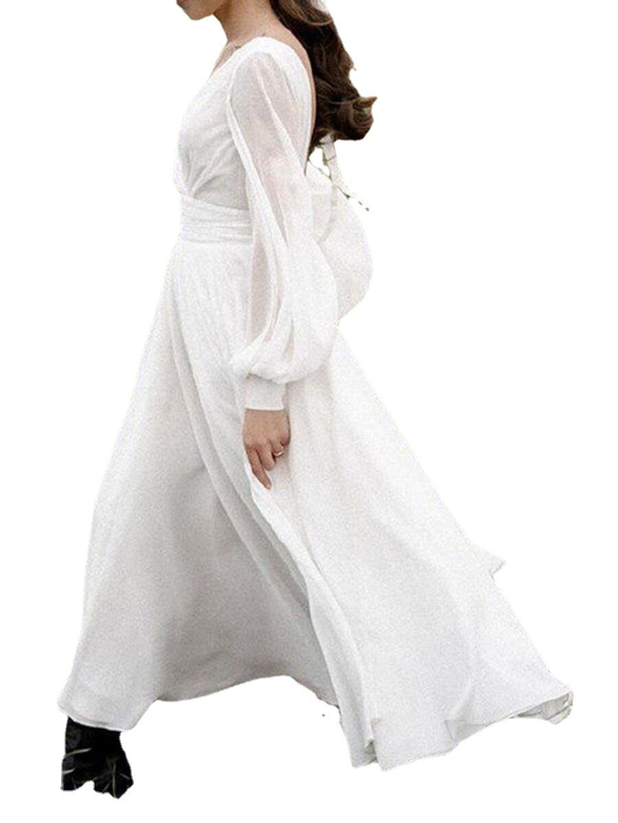 Women Dress Temperament Party es V Neck Backless Lantern Sleeve Maxi High Waist Large Hem Plus Size es 210524