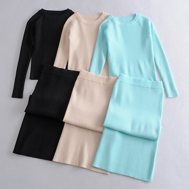 EPUZS Knitted Sweater and Skirt Two Piece Set Women Autumn Slim Fit Crop Tops Skirts 2 Sets s Outfits 210521