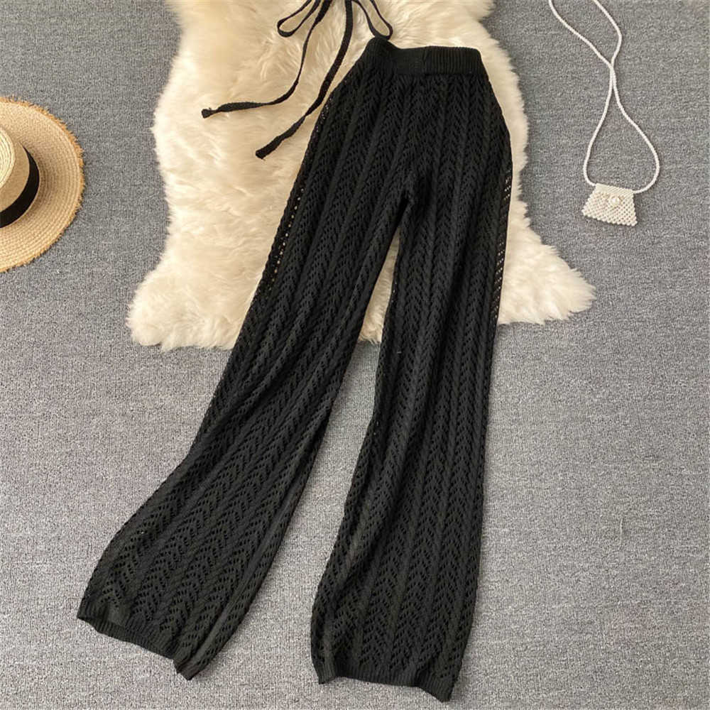 Women Beach Two Pieces Sets Summer Sexy Bikini Bandage Tops Loose Casual Pants Suits Hollow Knitted Outfits Female Clothes 2021 Y0625