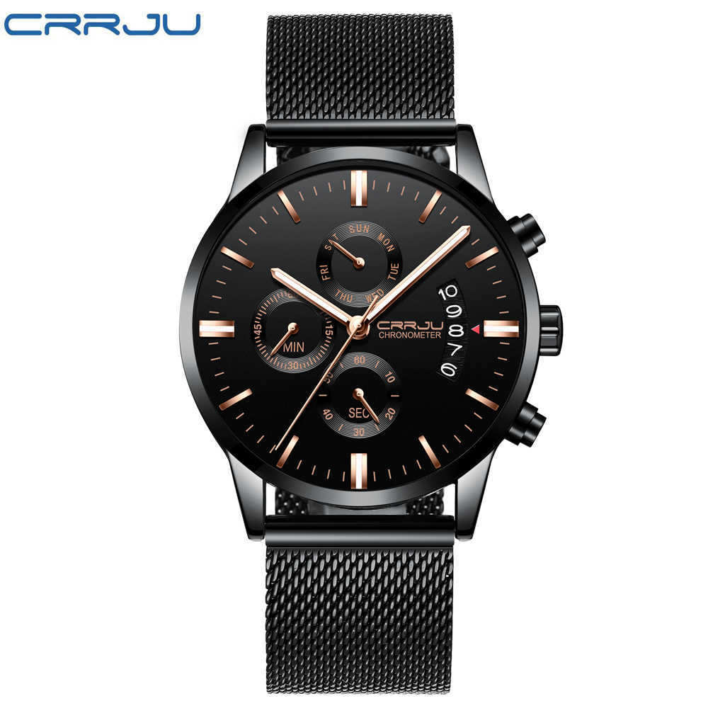 Crrju New Men's Calander Waterproof Sport Wristwatch With Milan Strap Army Chronograph Quartz Heavy Watches Fashion Male Clock Y19051403