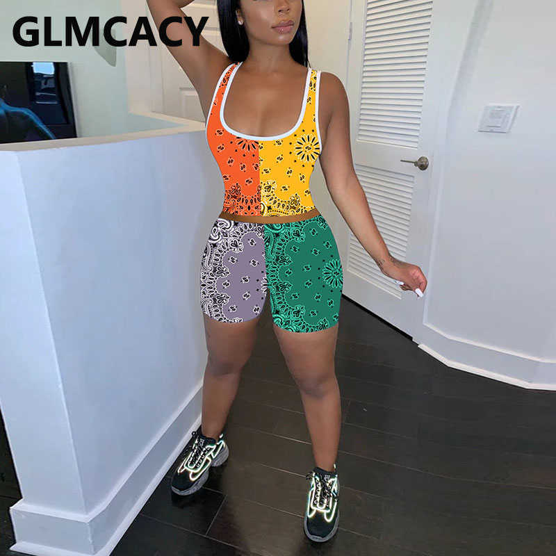 Two Pieces Sets Women Printed Sleeveless Top & Bodycon Shorts 210702