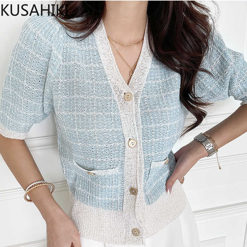 KUSAHIKI Korean Hit Color Plaid Knitted Cardigan Short Sleeve V-neck Elegant Knitwear Summer Thin Woman Knitted Coat 6H637 210602, Blue
KUSAHIKI Korean Hit Color Plaid Knitted Cardigan Short Sleeve V-neck Elegant Knitwear Summer Thin Woman Knitted Coat 6H637 210602, Blue