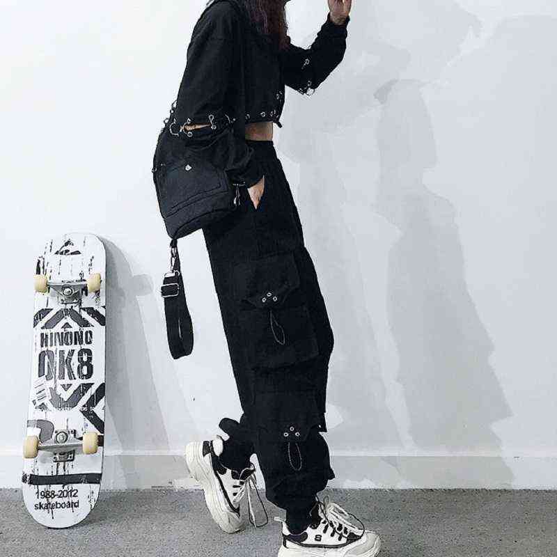 QWEEK Gothic Black Cargo Pants Women Baggy Harajuku Streetwear Oversize Punk Jogging Trousers for Female Hip Hop Mall Goth Emo 211115