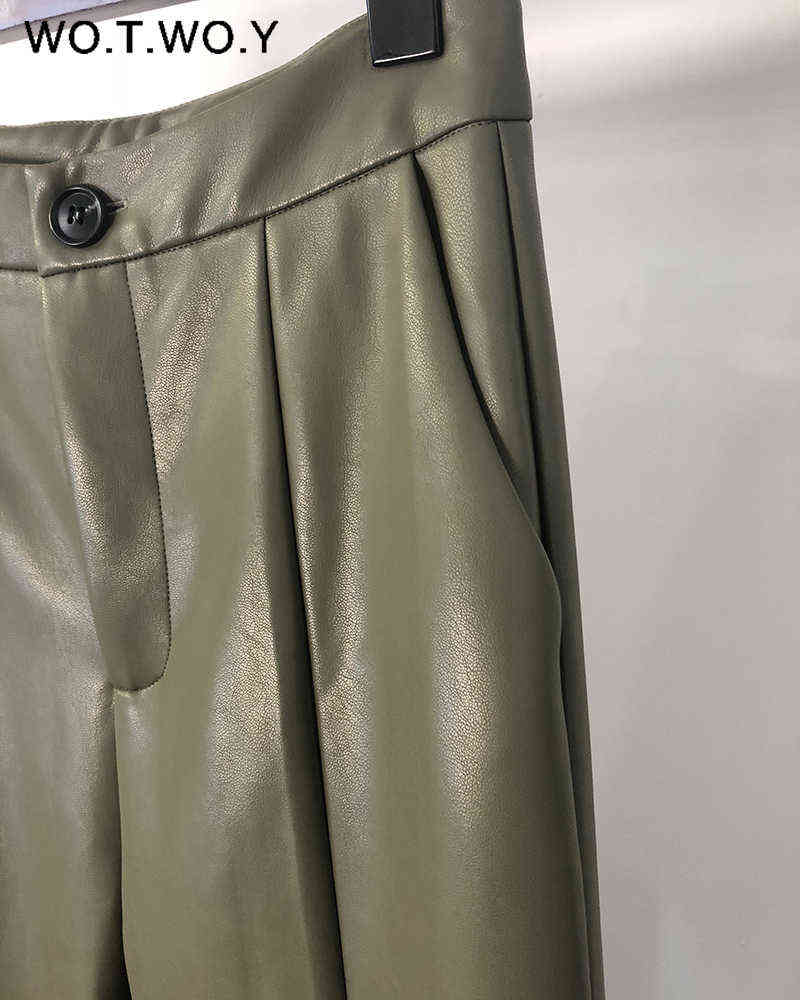 WOTWOY Elegant Spliced PU Leather Pant High Waist Office Lady Fomal Trousers Female Black Straight with Pockets 211124Z