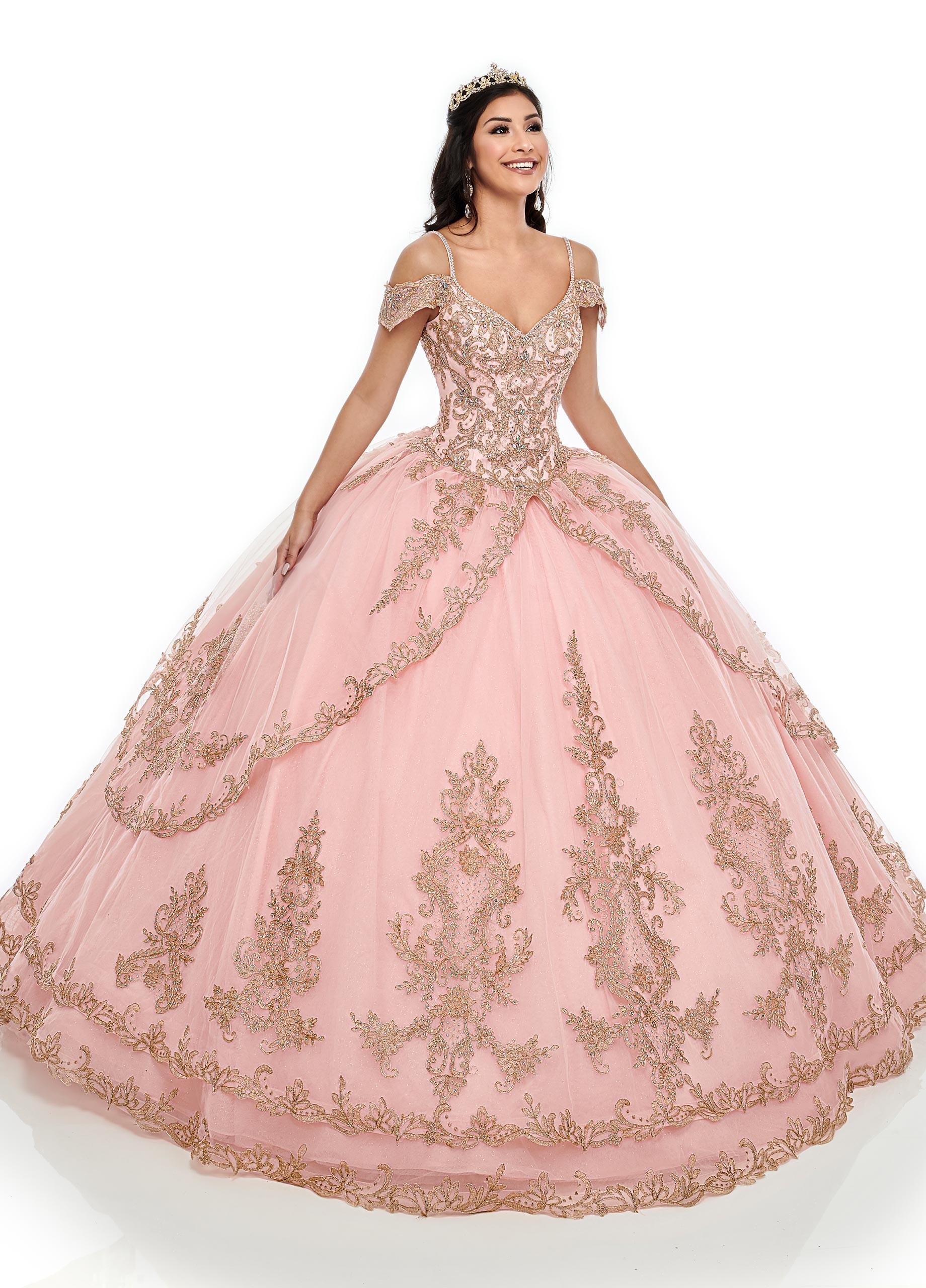 2025 Pink Quinceanera Dresses Spaghetti Straps Off the Shoulder Gold Lace Applique Tiered Skirt Custom Made Sweet Prom Ball Gown vestido de noche