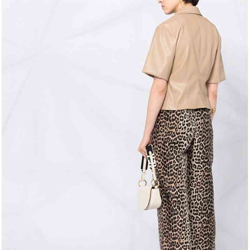 European American Style Faux Leather PU Coat Spring Summer Women Blouse Fashion All-match Single Breasted Shirts 210519