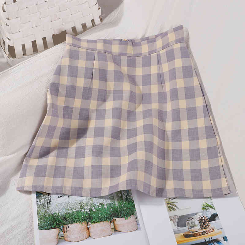 Plaid Skirts Women Plain Preppy Bodycon Mini A-line Casual Summer 210518, Blue