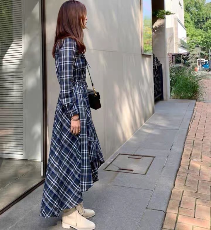 Vintage Spring Elegant Plaid Dress For Women Turn down Collar Long Sleeve High Waist With Sashes Irregular Casual Dresses 210519