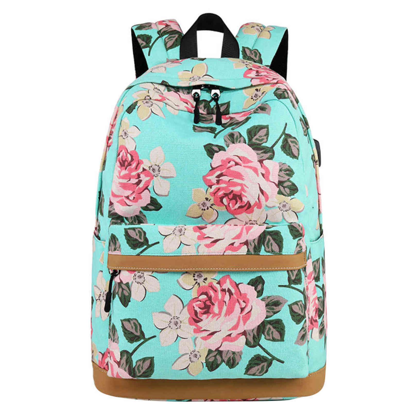Women Outdoor Travel Fashion Canvas Backpack Book Computer Soft Teens USB Charging Port Girls School Floral Printed Y1105
