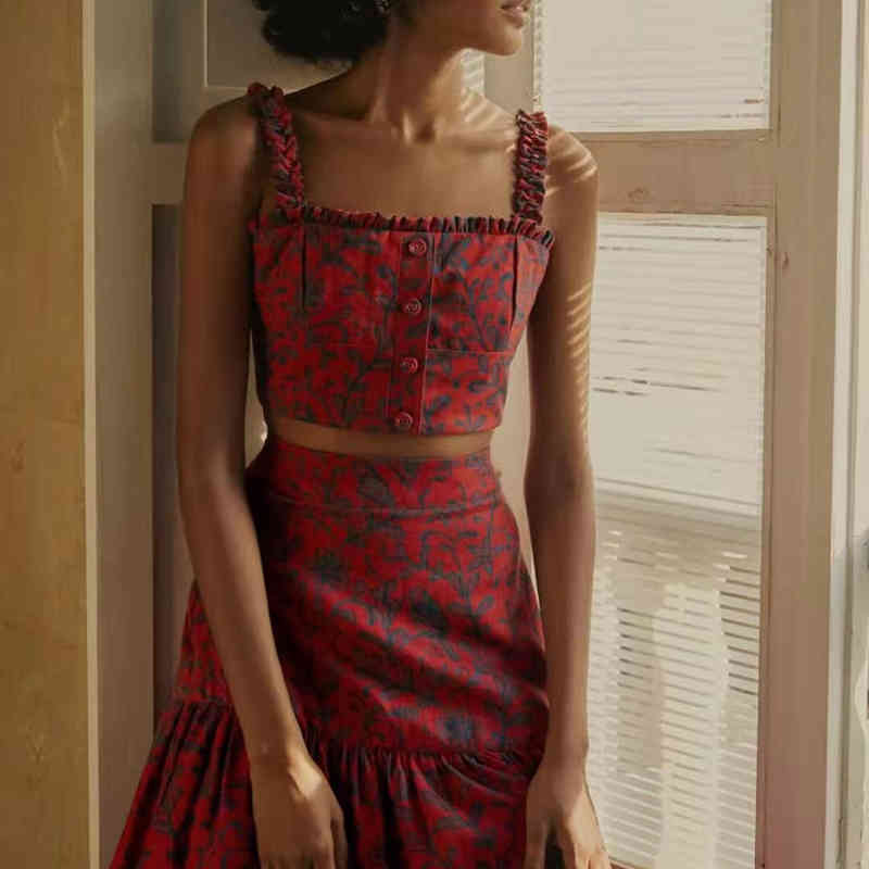 VGH Floral Print Vintage Dress For Women Square Collar Sleeveless Short Tops High Waist Midi Skirts Casual Sets Female Tide 210421