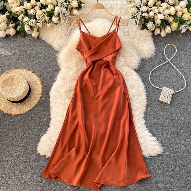 Ordifree Summer Women Satin Slip Dress Backless Spaghetti Strap Bow Tunic Belted Elegant Vacation Sexy Party Midi Dress 210630