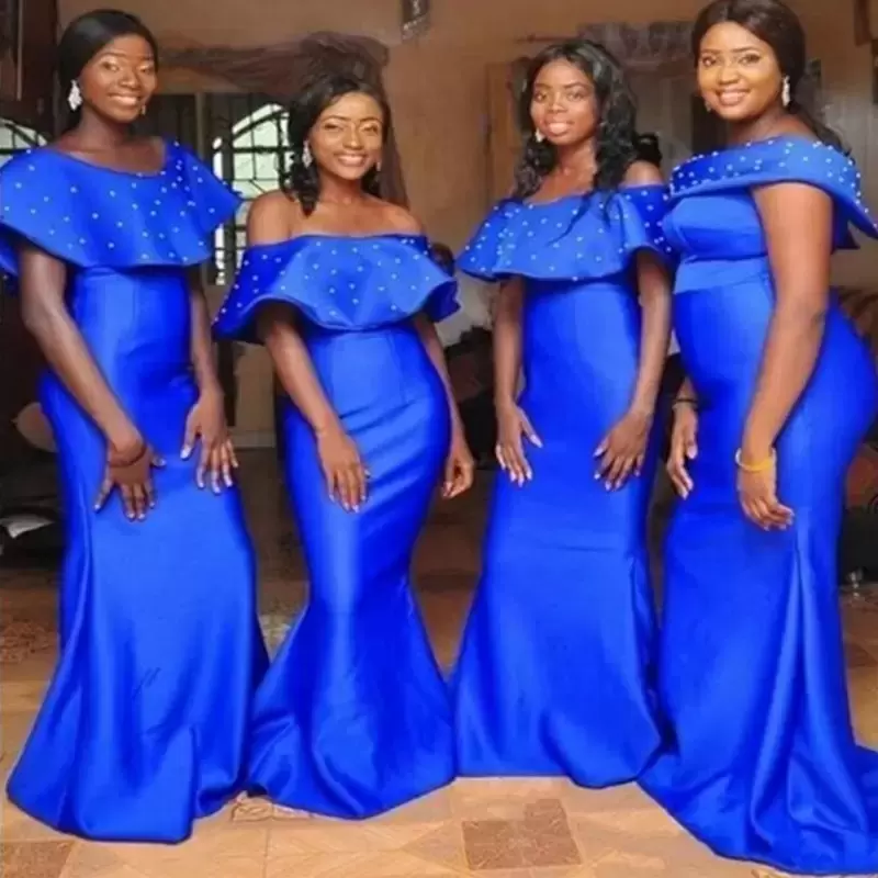 Blue Bridesmaid Royal Dresses Mermaid Beaded Off the Shoulder Custom Made Plus Size Maid of Honor Gown African Country Wedding Guest Wear Vestidos
