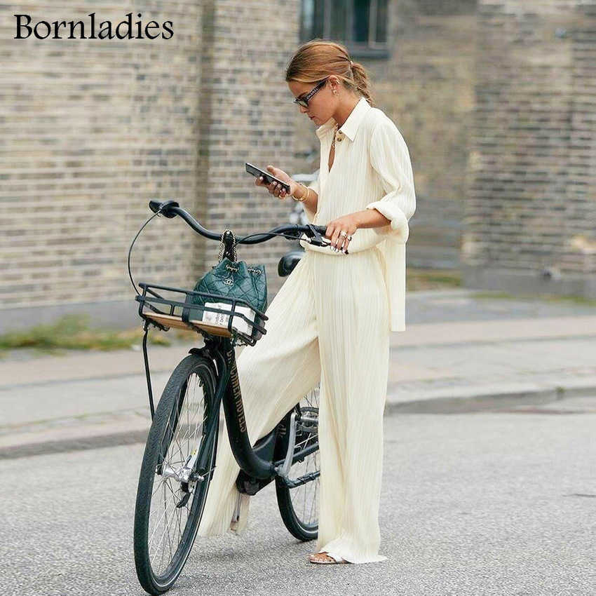 Bornladies Pleated Wide Leg Pants Sets Women Elastic High Waist Ruched Palazzo Pants + Loose Blouse Shirt Sets Oversized Pants 211007