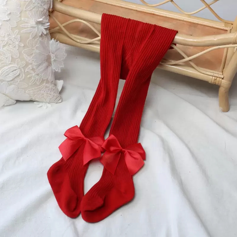 INS Baby girls ribbon Bows tight toddler kids vertical stripe knitted pantyhose christmas party dance leggings for children princess bottoms