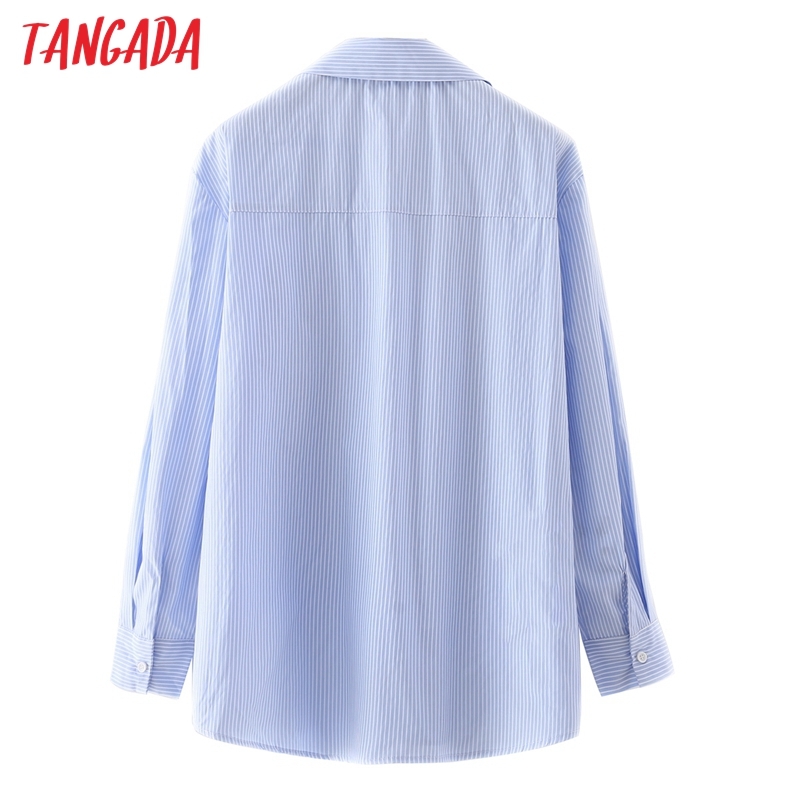 Women Striped Print Loose Shirt Pocket Long Sleeve Chic Female Casual Tops Blusas 3A43 210416