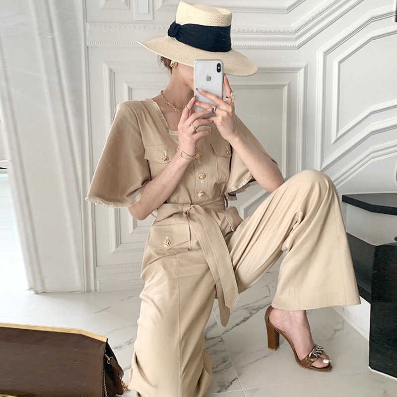 Korejpaa Women Jumpsuits Summer Retro Temperament Square Collar Raw Edge Stitching Lace-Up Waist Flared Sleeve Jumpsuit 210526