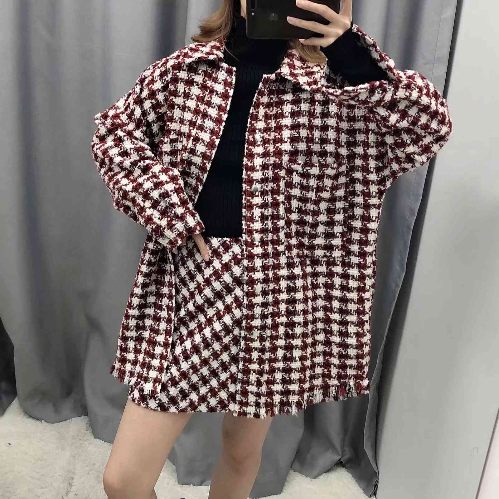 Fashion oversize plaid jacket Women casual tweed coat vintage Long Sleeve office wear long 210521