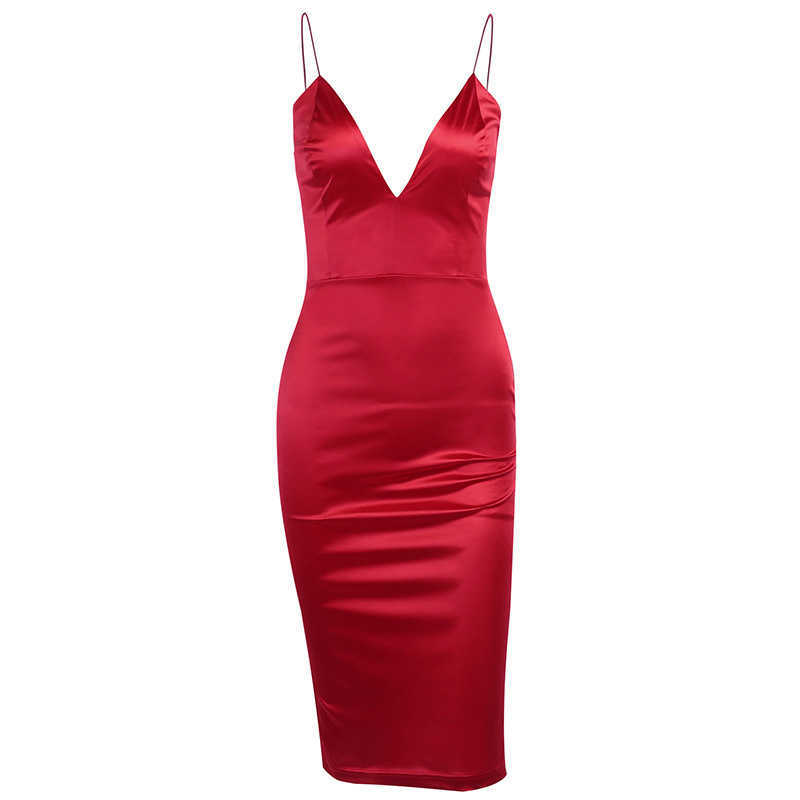 Sexy Satin Deep V Women Dress Spaghetti Strap High Waist Backless Midi Summer es Party Club Bodycon Vestidos 210526