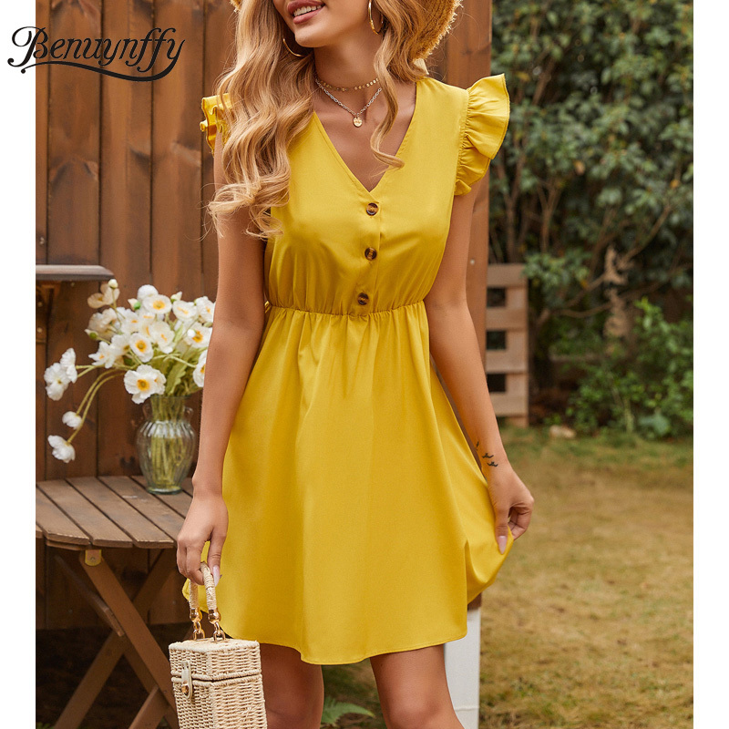 V-neck Button Front Solid Mini Dresses Women Summer Ruffle Sleeve High Waist Female Casual A-Line Dress 210510