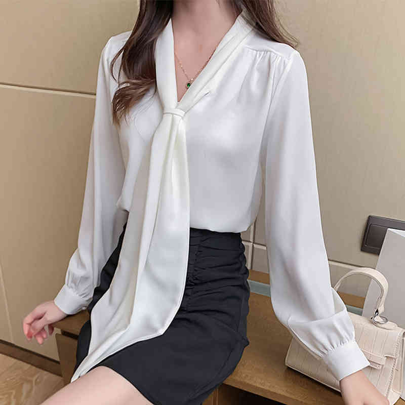 Long Sleeve Office Lady Style V-neck Wome's Shirt Fashion Korean Clothes Bow Lace Up Chiffon Blouse Blusas Mujer 11276 210427
