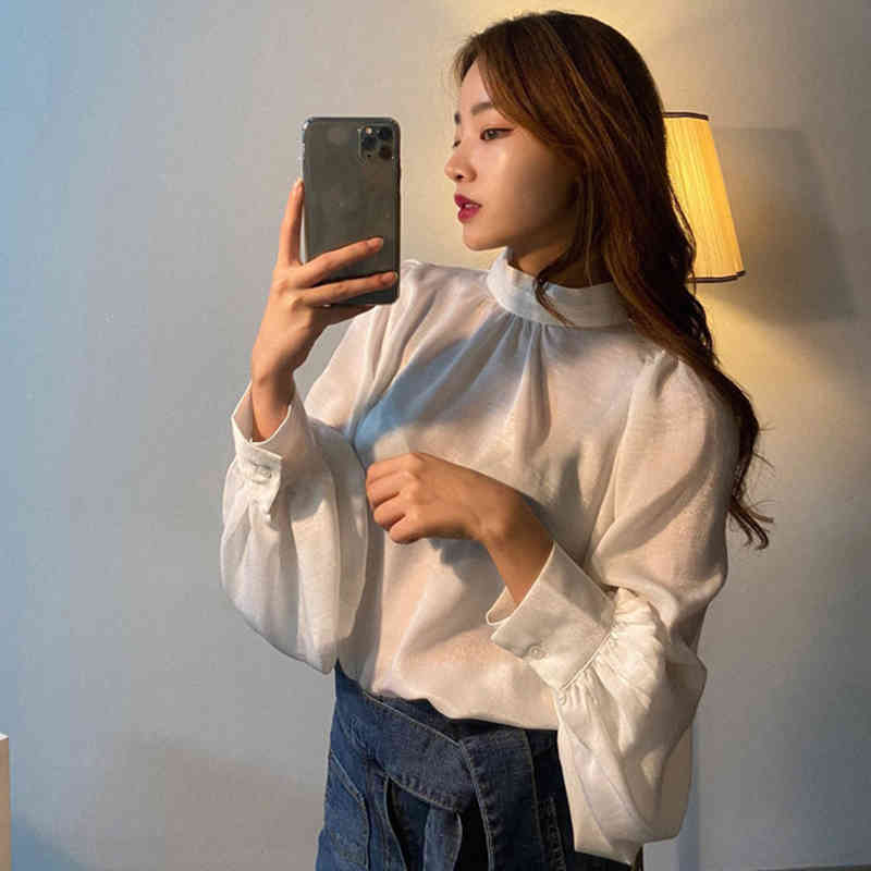 Elegant Shirt Spring Femme Casual Tops Women Long Puff Sleeve Satin Silk Blouse Girls Korean Office Blouses Solid Blusas 210519