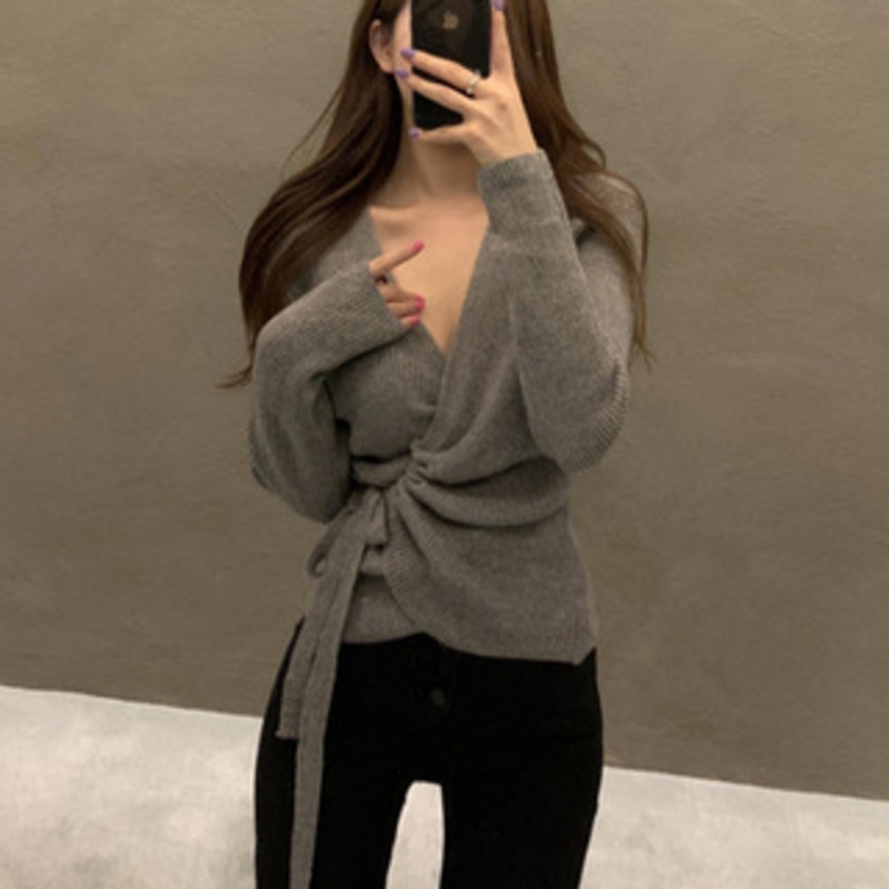 WOMENGAGA Spring V-neck base tops korean long sleeve sweater women's irregular knitwear sexy women JRN0 210603